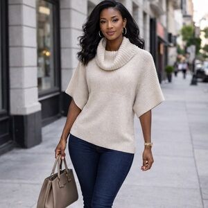 BCBG Oversized Kimono Sleeve Ivory Knit Cowl Neck Pullover Sweater Size M